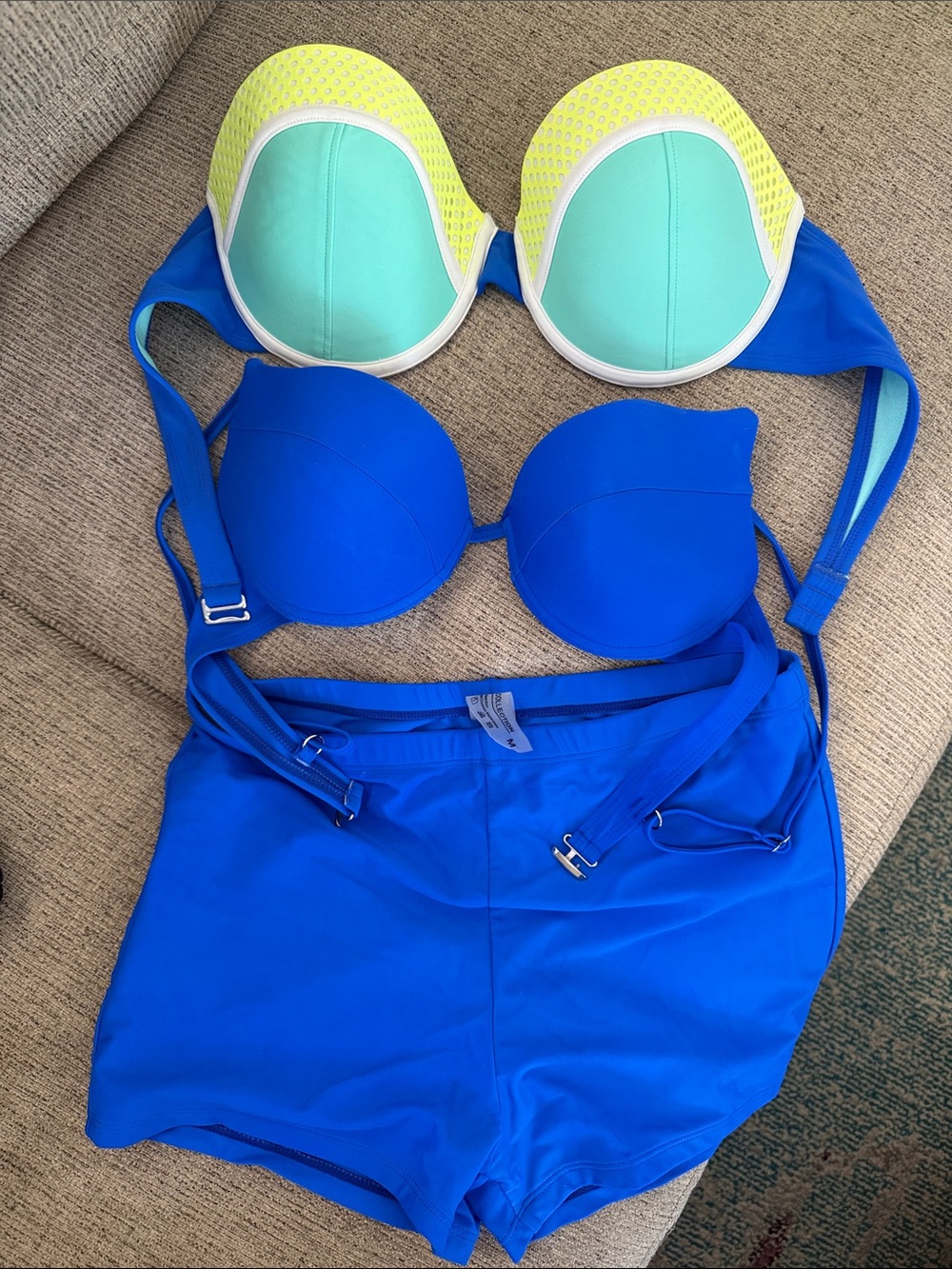 Matte Collection Women's 2 Blue Bikini Bras and Matching Lounge Shorts